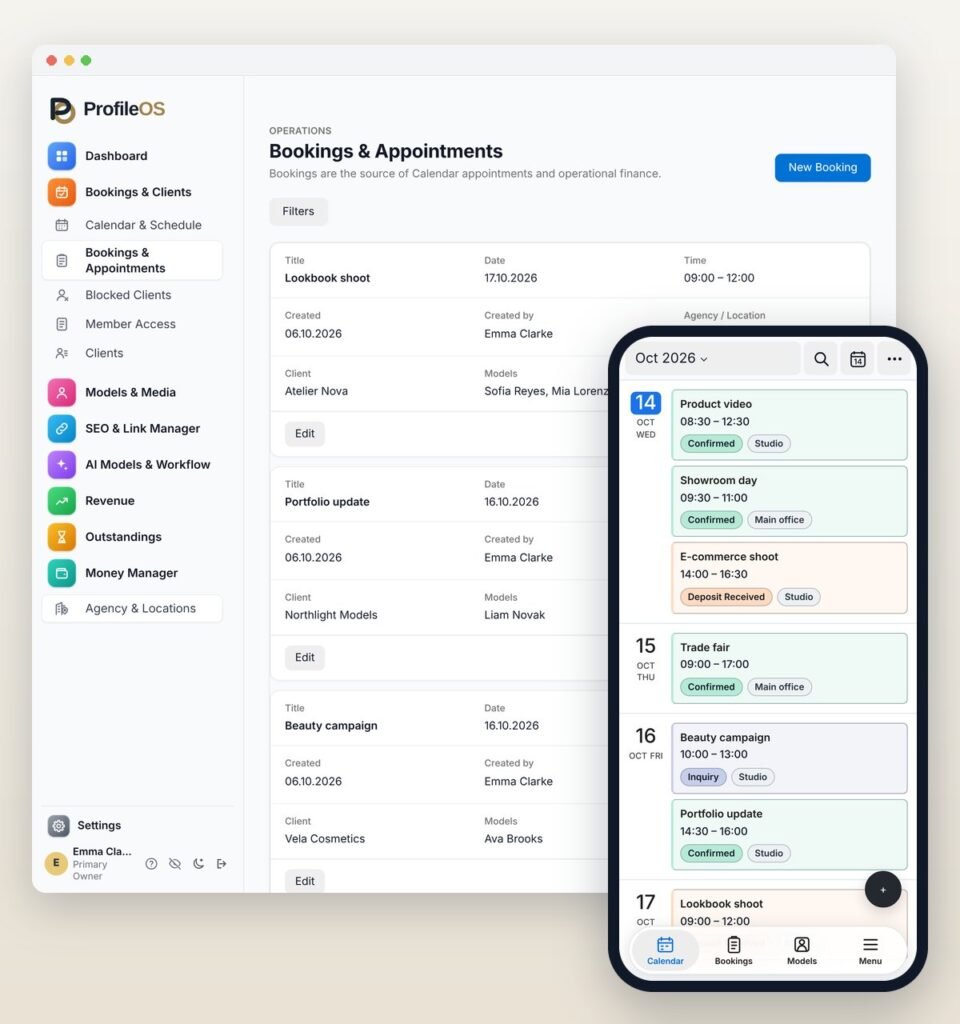 ProfileOS on a laptop and a smartphone: bookings and the calendar