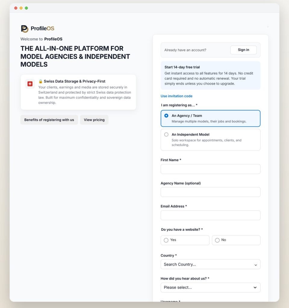 Registering for ProfileOS: choose between an agency / team and an independent model
