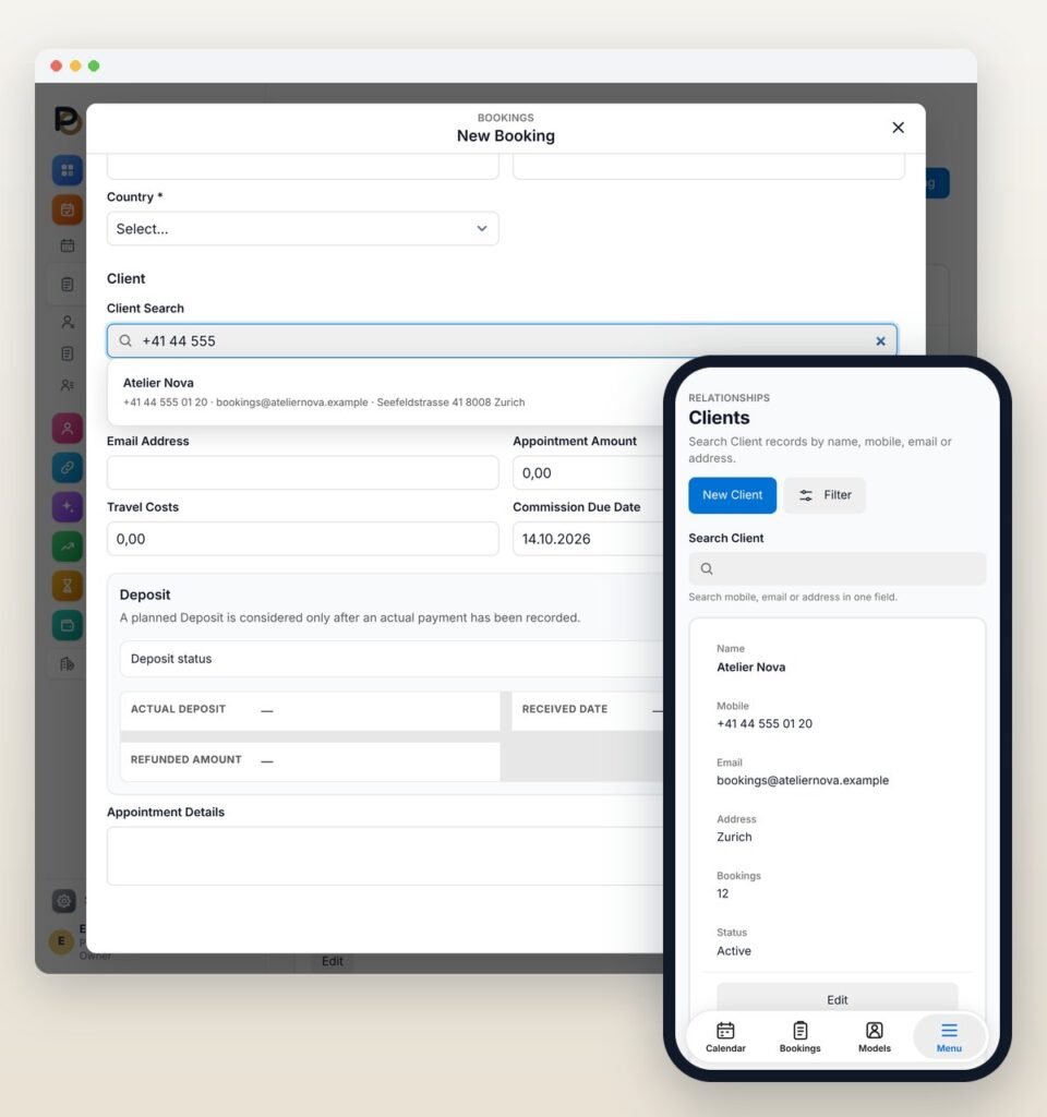 Client search in a new booking finds a known client by phone number