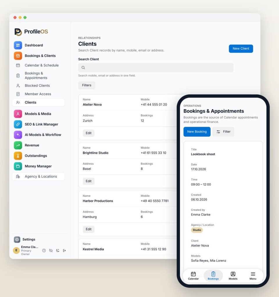 The same ProfileOS on every device: clients on the laptop, bookings on the smartphone