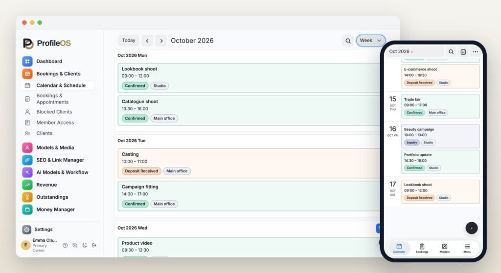 The ProfileOS calendar on a laptop and a smartphone